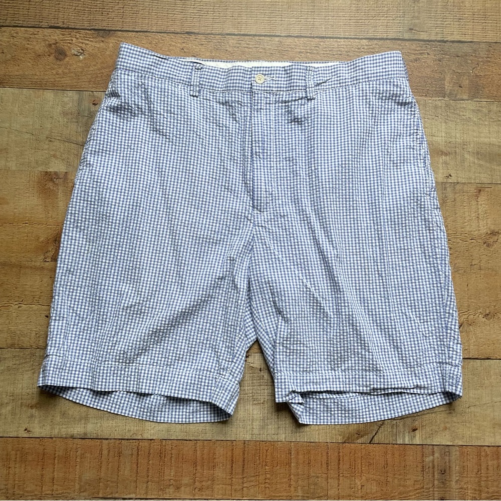 Polo by Ralph Lauren Flat Front Gigham Cotton Shorts Blue White Mens Size 36